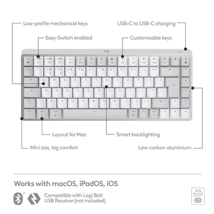Logitech MX Mechanical Mini for Mac Wireless Illuminated Keyboard with Free Adobe subscription, Low-Profile Performance Switches, Tactile Quiet Keys, Backlit, Bluetooth, USB-C, Apple, iPad - Pale Grey