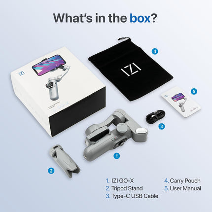 IZI GO-X Mobile Handheld Gimbal Stabiliser, 3-Axis, OLED Display, LED Fill Light, Wireless Charge Pad, Android, iPhone, Live Video, Instagram, YouTube, Shot Guide, Smart AI Track, Portable Gimbal.