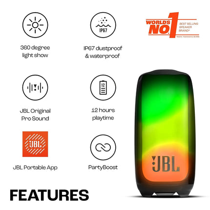 JBL Pulse 5, Wireless Portable Bluetooth Speaker, 40 Watt, Customized 360° Lightshow Portable App, Pro Sound, Deep Bass, 12 Hours Playtime, PartyBoost, IP67 Waterproof & Dustproof