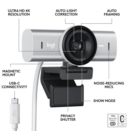 Logitech MX Brio Ultra HD 4K Collaboration and Streaming Webcam with Free Adobe Subscription, 1080p at 60 FPS, Dual Noise Reducing Mics, Show Mode, USB-C, Webcam Cover