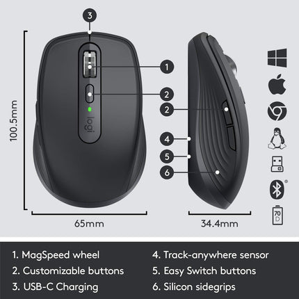 Logitech MX Anywhere 3S Compact Wireless Mouse, Fast Scrolling, 8K DPI Any-Surface Tracking, Quiet Clicks, Programmable Buttons, USB C, Bluetooth, Windows PC, Linux, Chrome, Mac - Graphite