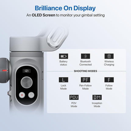 IZI GO-X Mobile Handheld Gimbal Stabiliser, 3-Axis, OLED Display, LED Fill Light, Wireless Charge Pad, Android, iPhone, Live Video, Instagram, YouTube, Shot Guide, Smart AI Track, Portable Gimbal.