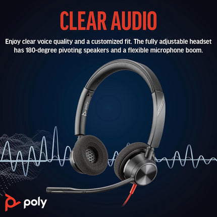 Poly (Plantronics) Blackwire 3320 Stereo Headset, On-Ear w/Noise-canceling mic, 130g, Connect to Mobile/Tablet via USB-C/A, 180-degree pivoting Speakers, Dynamic EQ, Hi-Fi Stereo, Black, 8G0Y9AA