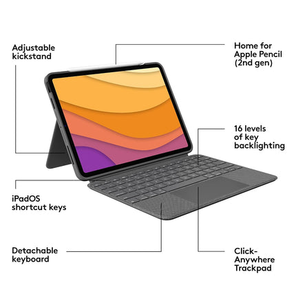 Logitech Combo Touch iPad Pro 12.9-inch (5th, 6th gen - 2021, 2022) Keyboard Case - Detachable Backlit Keyboard with Kickstand, Click-Anywhere Trackpad, Smart Connector-QWERTY UK English Layout - Grey