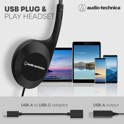 Audio-Technica USB Headset with 30mm Drivers, Condenser Mic, USB-A/Type-C Connectivity – 20–20,000 Hz Headphone Response, 16-Bit/48 kHz, Compatible with Windows & macOS