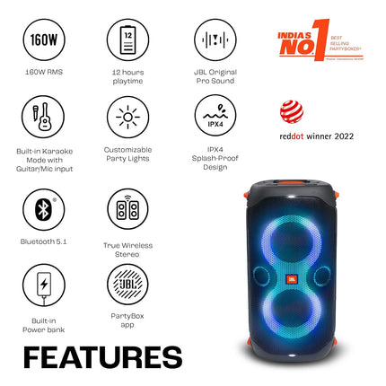 JBL Partybox 110 | Wireless Bluetooth Party Speaker | 160W Monstrous Pro Sound | Dynamic Light Show | Upto 12Hrs Playtime | Built-in Powerbank | Guitar & Mic Support PartyBox App (Black)