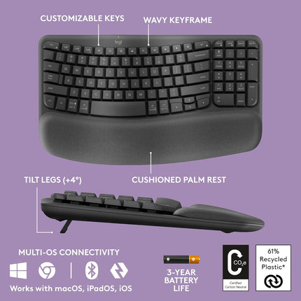 Logitech Wave Keys Wireless Ergonomic Keyboard with Cushioned Palm Rest, Comfortable Natural Typing, Easy-Switch, Bluetooth, Logi Bolt Receiver, for Multi-OS, Windows/Mac - Off White (BRAND NEW/SEALED)