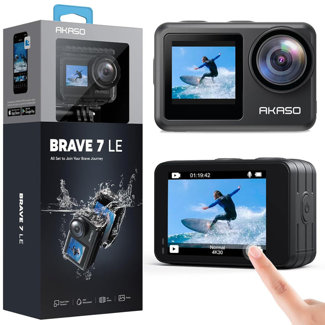 AKASO Brave 7 LE 4K30FPS 20MP WiFi Action Camera with Touch Screen Vlog Camera EIS 2.0 Remote Control 131 Feet Underwater Camera with 2X 1350mAh Batteries