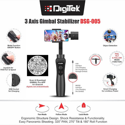 DIGITEK 3-Axis Handheld Gimbal Stabilizer for Smartphones & Gopro with Face & Object Tracking Motion, Various Time Lapse Features & Upto 12 hrs. Operational Time (DSG 005), Black