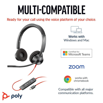 Poly (Plantronics) Blackwire 3320 Stereo Headset, On-Ear w/Noise-canceling mic, 130g, Connect to Mobile/Tablet via USB-C/A, 180-degree pivoting Speakers, Dynamic EQ, Hi-Fi Stereo, Black, 8G0Y9AA