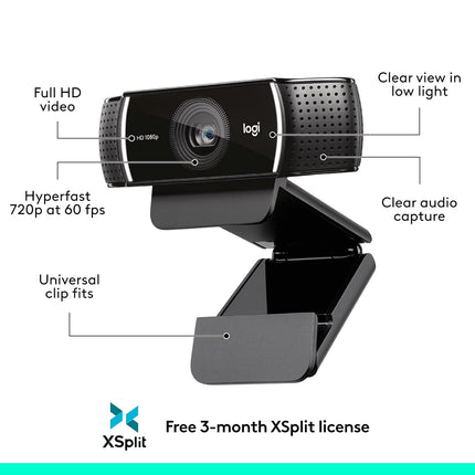 Logitech C922 Pro Stream Webcam, HD 1080p/30fps or HD 720p/60fps, Digital, Hyperfast Streaming, Stereo Audio, HD Light Correction, Autofocus, for YouTube, Twitch, XSplit - Black