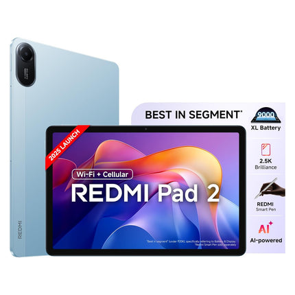 Redmi Pad 2 Wi-Fi + Cellular, Active Pen Support, 27.94cm(11") Model, 2.5K Sharp & Clear Display, 8GB, 256GB, All Day & More 9000mAh Battery, AI-Enabled, Dolby Atmos, HyperOS 2, Sky Blue - Unboxify