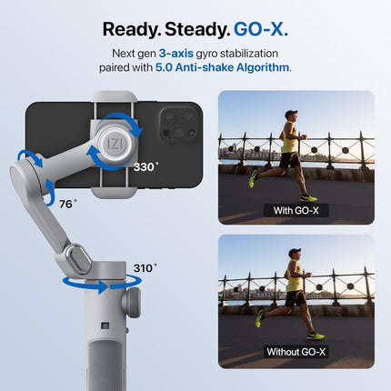 IZI GO-X Mobile Handheld Gimbal Stabiliser, 3-Axis, OLED Display, LED Fill Light, Wireless Charge Pad, Android, iPhone, Live Video, Instagram, YouTube, Shot Guide, Smart AI Track, Portable Gimbal.