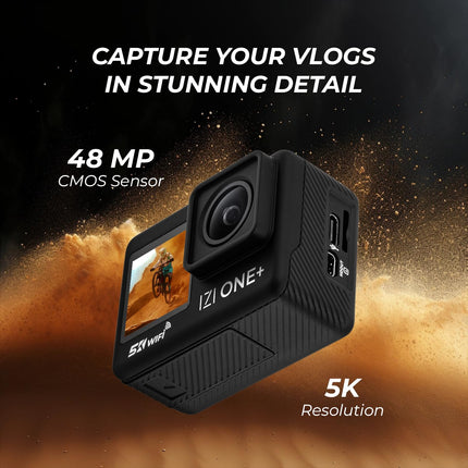 IZI ONE Plus 5K 48MP Action Camera - 6-Axis Gyro Stabilization, 110ft Waterproof, Vlogging, 170° FOV, WiFi, Dual Touch Screen Video Camera, 2X 1350mAh Batteries, Fast C-Type Charge HQ External Mic