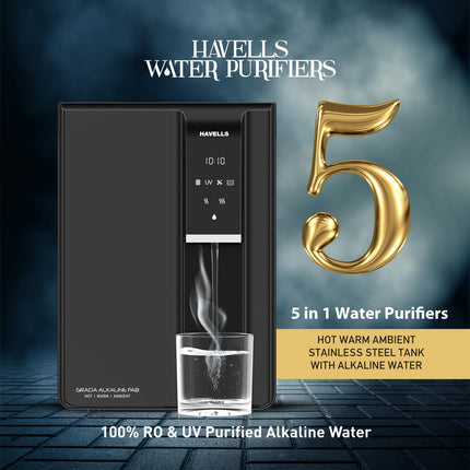 Havells Gracia FAB Alkaline Water Purifier (Black), RO+UV+Alkaline, Hot, Warm & Ambient Water, Copper+Zinc+Minerals, 8 Stage Purification, 6.5L SS Tank, Suitable for Borewell, Tanker & Municipal Water