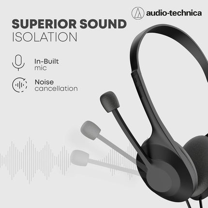 Audio-Technica USB Headset with 30mm Drivers, Condenser Mic, USB-A/Type-C Connectivity – 20–20,000 Hz Headphone Response, 16-Bit/48 kHz, Compatible with Windows & macOS