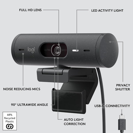 Logitech Brio 500 Full Hd Webcam with Auto Light Correction,Show Mode, Dual Noise Reduction Mics, Webcam Privacy Cover, Works with Microsoft Teams, Google Meet, Zoom, USB-C Cable - Graphite - Digital