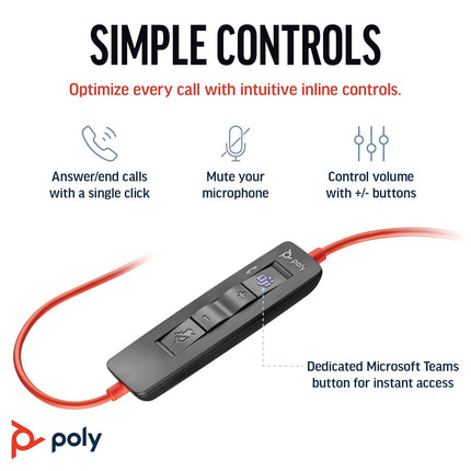 Poly (Plantronics) Blackwire 3320 Stereo Headset, On-Ear w/Noise-canceling mic, 130g, Connect to Mobile/Tablet via USB-C/A, 180-degree pivoting Speakers, Dynamic EQ, Hi-Fi Stereo, Black, 8G0Y9AA