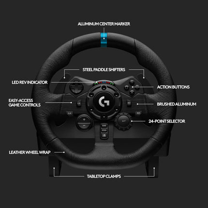 Logitech G923 Racing Wheel and Pedals, TRUEFORCE Feedback, Responsive Driving Design, Dual Clutch Launch Control, Genuine Leather Steering Wheel Cover, for PS5, PS4, PC, Mac - Black