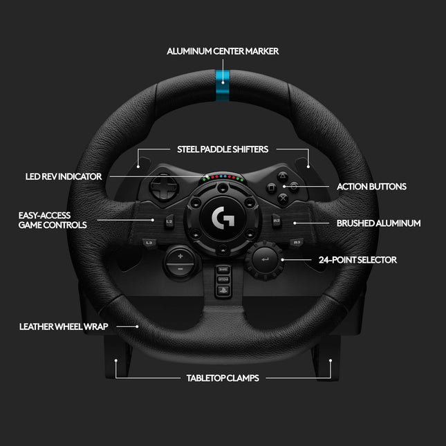 Logitech G923 Racing Wheel and Pedals, TRUEFORCE Feedback, Responsive Driving Design, Dual Clutch Launch Control, Genuine Leather Steering Wheel Cover, for PS5, PS4, PC, Mac - Black