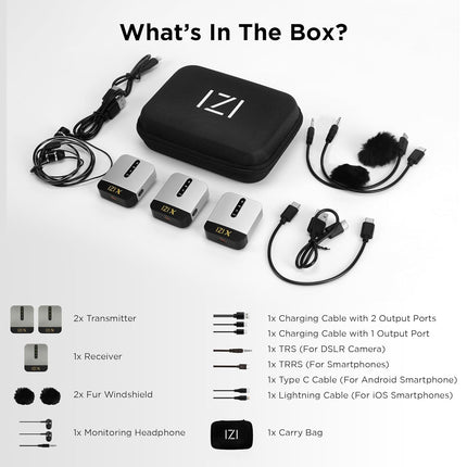 IZI X Dual Channel Wireless Microphone, 360° Omnidirectional, 120M Range, 16Hr Playback, Active Noise Cancellation, Fast Charging, DSLR & Android/iOS Compatible, Ideal for Vlogging