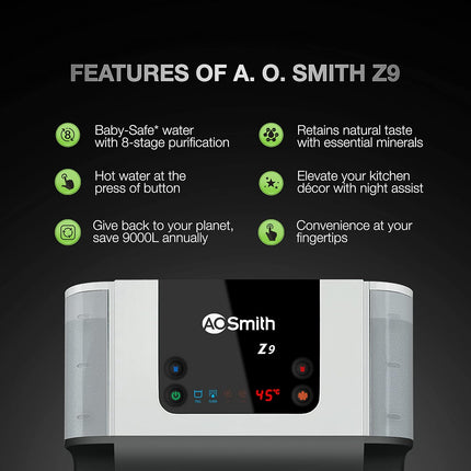AO Smith Z9 Instant Hot+Ambient Water Purifier for Home with MIN-TECH | 10L Storage | 8-Stage Purification |100% RO + SCMT (Silver Charged Membrane Tech) | 55% Water Savings