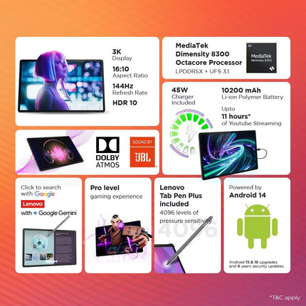 Lenovo {Smartchoice} Idea Tab Pro with Pen Plus | 12.7" 3K Display | 144 Hz Refresh |AI-Enabled | MediaTek Dimensity 8300 |  Quad JBL Speakers | 10200 mAh Battery with 45 W Charger | WiFi 6e