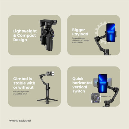 Digitek (DSG-009F) 3 Axis Foldable Smartphone Gimbal with Built-in 3 Telescopic Extendable & Adjustable Rod, Compatible with All Smartphones, Low Angle Shoot & Position, Wheel Zoom in & Out (Black)