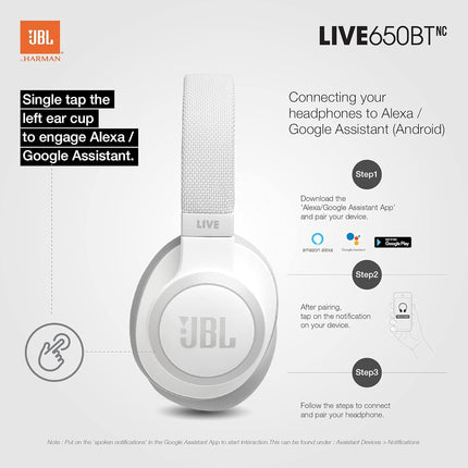 JBL Live 650BTNC, Over Ear Active Noise Cancelling Headphones with Mic, Signature Sound, Quick Charge, Dual Pairing, AUX, Built-in Alexa and Google Assistant (White, Wireless)