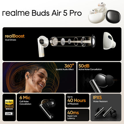 realme Buds Air 5 Pro Truly Wireless in-Ear Earbuds with 50dB ANC, realBoost Dual Coaxial Drivers, 360° Spatial Audio Effect, LDAC HD Audio, Upto 40Hrs Battery with Fast Charging