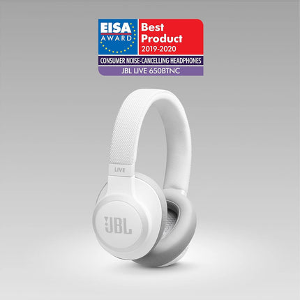 JBL Live 650BTNC, Over Ear Active Noise Cancelling Headphones with Mic, Signature Sound, Quick Charge, Dual Pairing, AUX, Built-in Alexa and Google Assistant (White, Wireless)