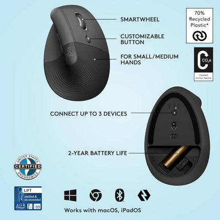 Logitech Lift Vertical Ergonomic Mouse, Wireless, Bluetooth or Logi Bolt USB Receiver, Quiet clicks, 4 Buttons, Compatible with Windows/macOS/iPadOS, Laptop, PC - Graphite