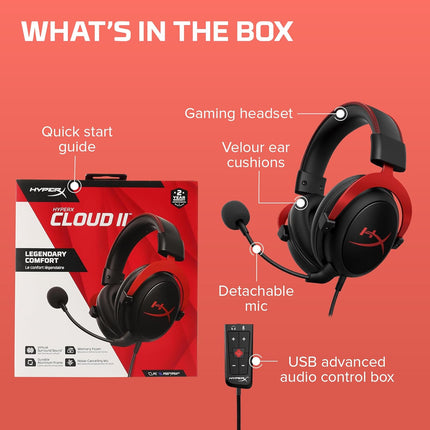 HyperX Cloud Ii – Gaming Over Ear Headset for Pc, Ps5/Ps4. Includes 7.1 Virtual Surround Sound and USB Audio Control Box - Red (4P5M0Aa)
