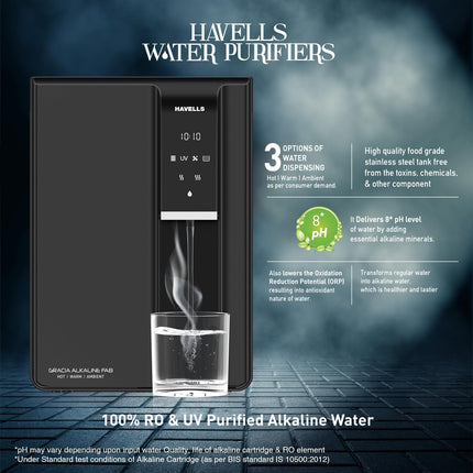 Havells Gracia FAB Alkaline Water Purifier (Black), RO+UV+Alkaline, Hot, Warm & Ambient Water, Copper+Zinc+Minerals, 8 Stage Purification, 6.5L SS Tank, Suitable for Borewell, Tanker & Municipal Water
