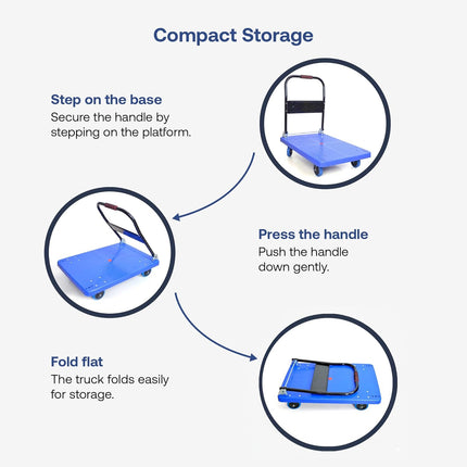 BonKaso 300Kg Heavy-Duty Foldable Platform Trolley | Plastic Hand Truck with 4 Wheels & Cushioned Grip Handle | Durable Material Cart for Home, Office, Warehouse & Industrial Use (90x60x86cm, Blue)