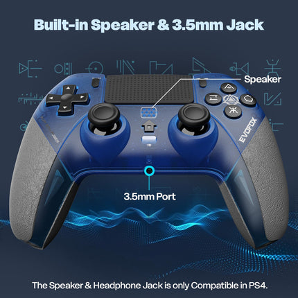 EvoFox Play 2 PS4 Controller & PS5 (PS4 Games only), Playstation 4 Controller Bluetooth & Wired with HallSense™ Magnetic Joysticks & Triggers, 1000Hz Polling, Touchpad, Built-in Speaker & 3.5mm Jack