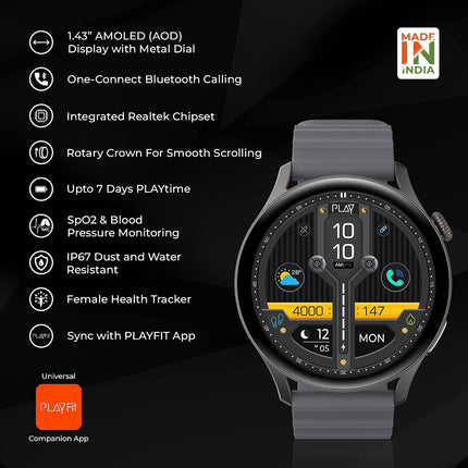 PLAYFIT Flaunt 2 1.43" AMOLED Round Display with Rotary Crown (Grey)