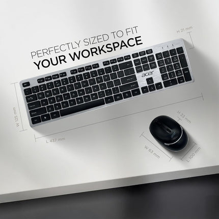 Acer Fusion Wireless Keyboard and Mouse Combo, Durable Stylish Design, 2.4GHz Nano Receiver, 10m Range, Indian Rupee Key, Adjustable DPI (800/1200/1600), Compatible with Windows & Mac (Black & Silver) - Unboxify