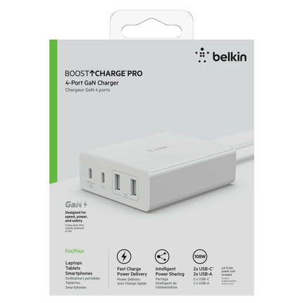 Belkin 4-Port 108W - GaN Charger | USB -C PD Fast Charge & USB-A Ports for Apple MacBook, iPhone 17, Samsung Galaxy S25, Google Pixel 10, & More | 2 Years Warranty, White (BRAND NEW/SEALED)