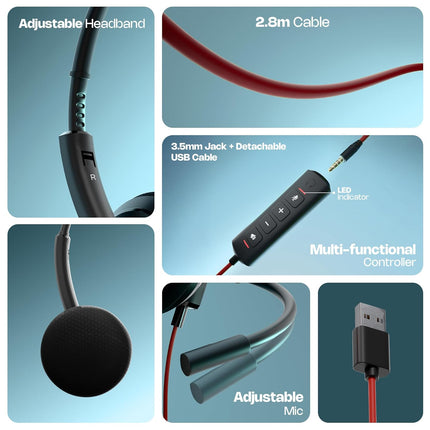 Zebronics 2.8m Wired Headphones, 27mm Drivers, Adjustable Mic, 3.5mm Jack, Detachable USB Cable, Adjustable Headband, Media/Volume Control, Compatible with Laptop/PC/Mobile/Tablet (VCX 101