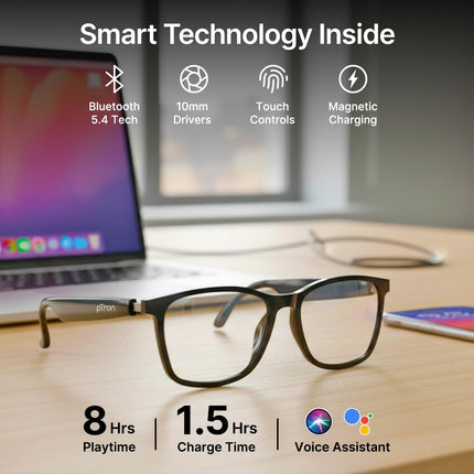 pTron Orbis Urban Smart Clip-On Smart Glasses w/Bluetooth V5.4, Open Ear Music, Handsfree Calls, Protects Eye from Blue Light Emitted from Digital Screens, 8Hrs Playtime, Connect with Phones