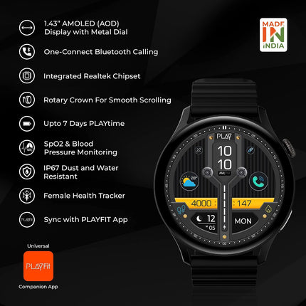 PLAYFIT Flaunt 2 1.43" AMOLED Round Display with Rotary Crown (Black)