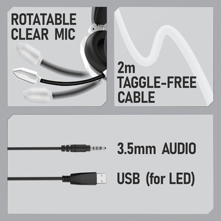 TAG Gamerz Titan RGB White Over-Ear Gaming Wired Headphone | Soft Ear Cups | 50mm Neodymium Driver | 3.5mm Audio | 2m Cable | Flexible Mic for Calling | Suspension Headband | 3.5mm + USB Connector
