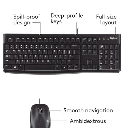 Logitech MK120 Wired USB Keyboard and Mouse Set for Windows, Optical Wired Mouse, Full-Size Keyboard, USB Plug-and-Play, Compatible for PC, Laptop-Black - Unboxify