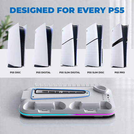 EvoFox Frostdock 5 PS5 Cooling Dock with Dual Controller Charging Station, 3 Speed Fan up to 3900 RPM, 14 Disc Storage, 19 Mode RGB Lighting, USB Port, Vertical Stand for PS5 Digital Disc Slim & Pro