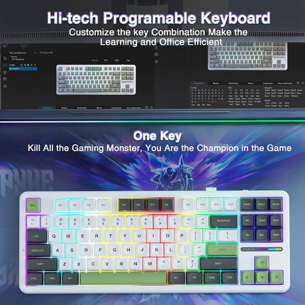 Aula F87 Wireless Mechanical Keyboard | 75% TKL Gasket Custom Hot Swappable Keyboard, 2.4Ghz/Type-C/Bluetooth Gaming Keyboard | Pre-lubed Switch RGB Backlit Keyboard (Green+White)