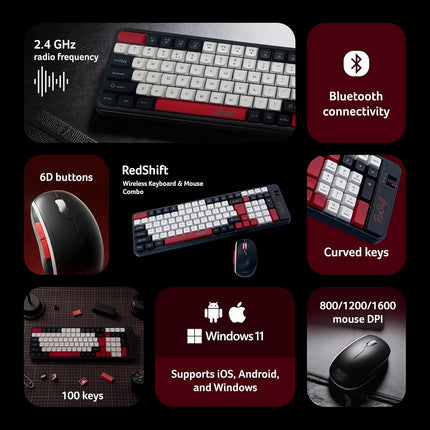 Acer RedShift Wireless Keyboard & Mouse Combo | Bluetooth + 2.4GHz Dual Mode | Multi-Device | 100-Key Slim Quiet Keyboard | 6-Button Mouse with 1600 DPI | Windows, Android, iOS | Black & Red