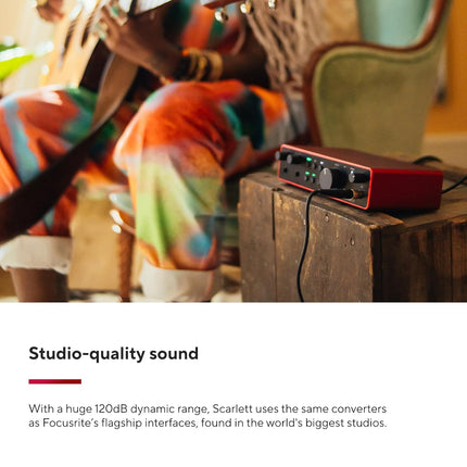 Focusrite Scarlett 2i2 4th Gen, USB audio interface for recording, composing, streaming, and podcaster - sound recordings and all the software to record