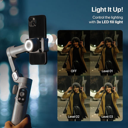 IZI GO-X Mobile Handheld Gimbal Stabiliser, 3-Axis, OLED Display, LED Fill Light, Wireless Charge Pad, Android, iPhone, Live Video, Instagram, YouTube, Shot Guide, Smart AI Track, Portable Gimbal.