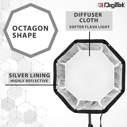 DIGITEK® (DSBH-055) 55cm Octa Soft Box Kit with S2 Type Bracket, 2 White Diffuser, Silver Particle Baffle & Collapsible Nylon Cover, Compatible with All Speedlights (Carry Case Included)